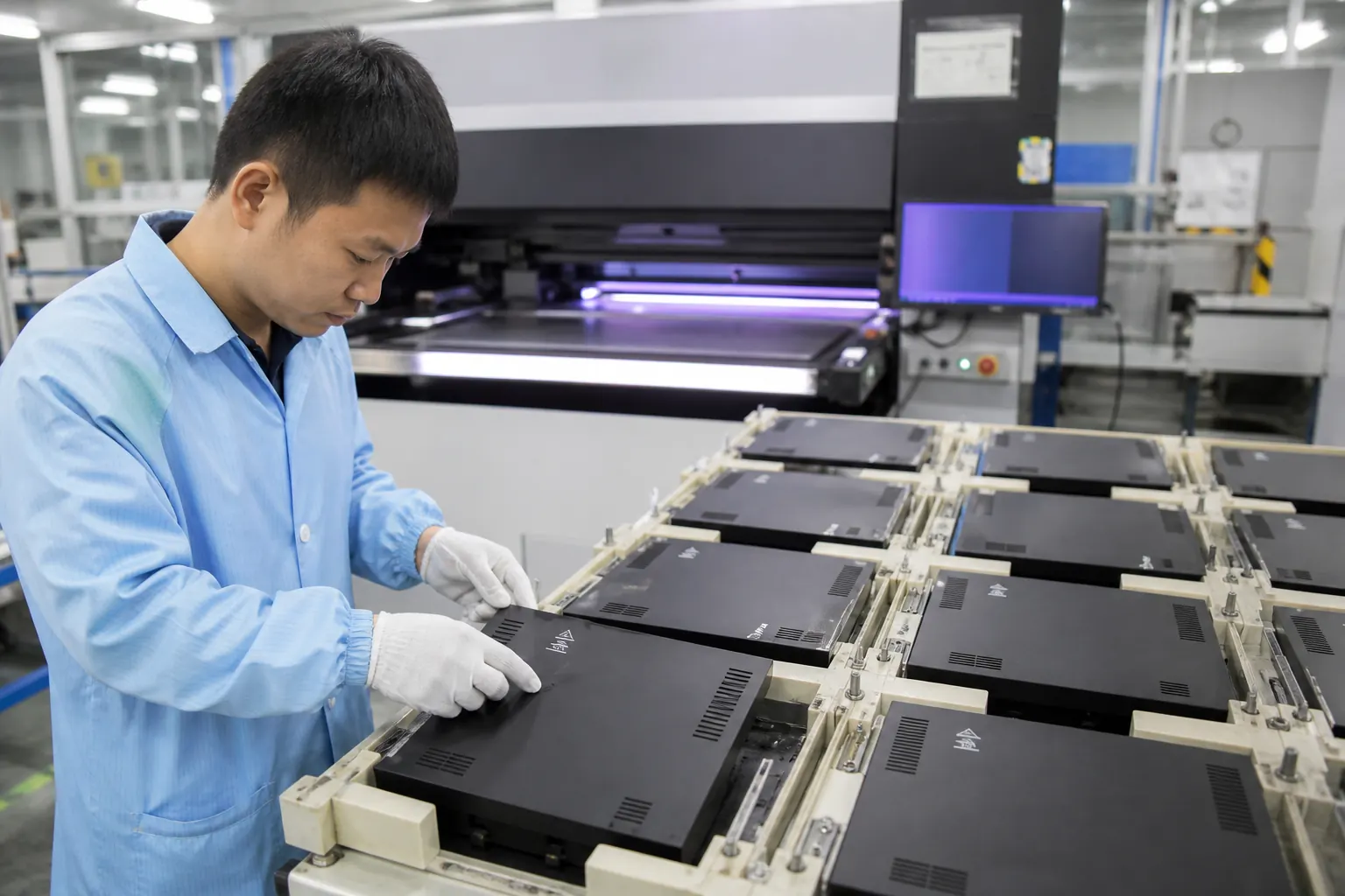 Asian technician checking identification graphics on batches of flat black ESD equipment panels