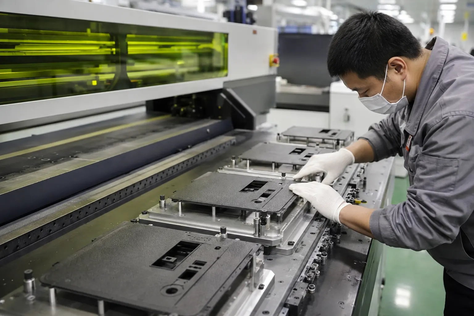 Asian factory technician loading textured glass-filled nylon equipment panels into UV printing fixtures