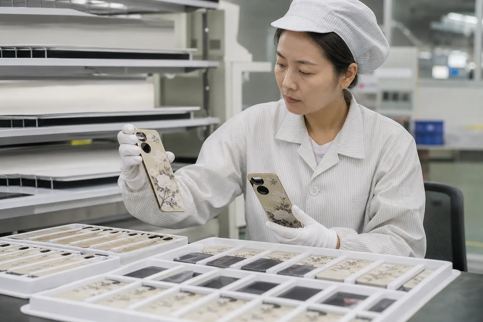Asian quality supervisor comparing retained golden samples with a batch of UV-printed flat phone-case shells