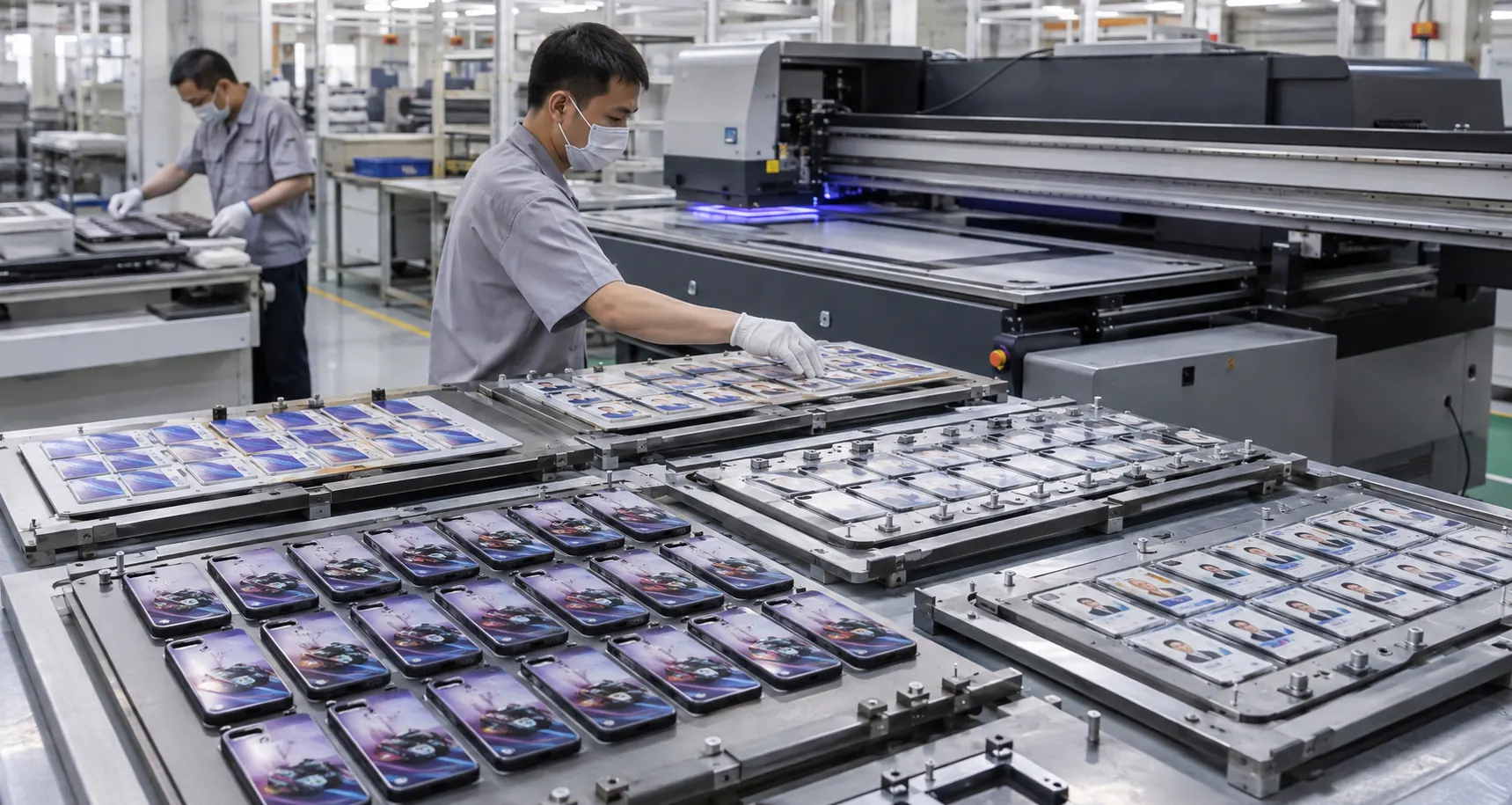 Asian factory team reviewing flat UV-printed painting supply kits components in production fixtures
