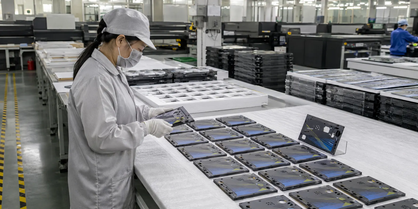 Asian factory quality team comparing flat UV-printed plastic components