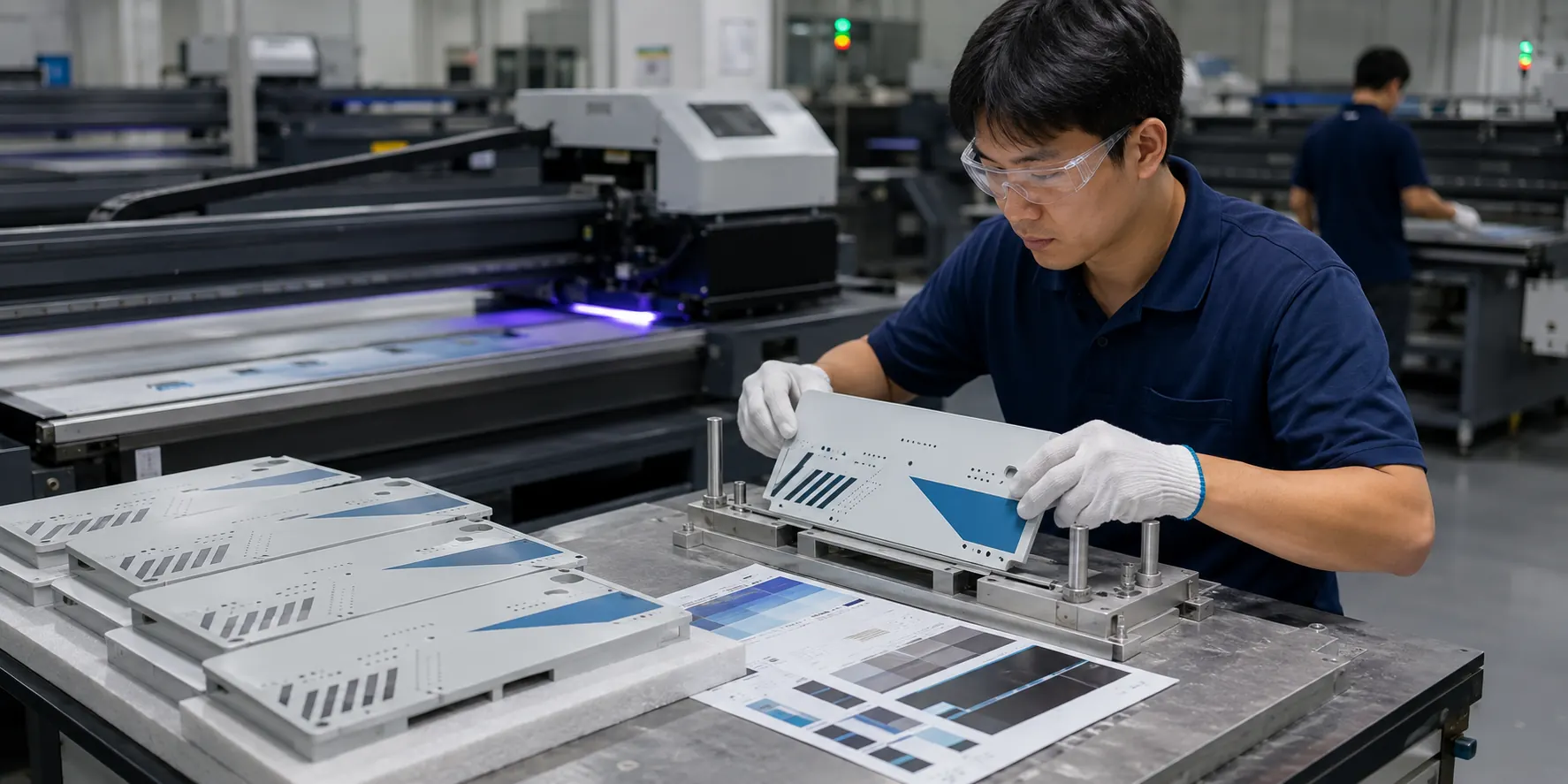 Factory quality review for flat UV-printed gouache set cases and palette panels components