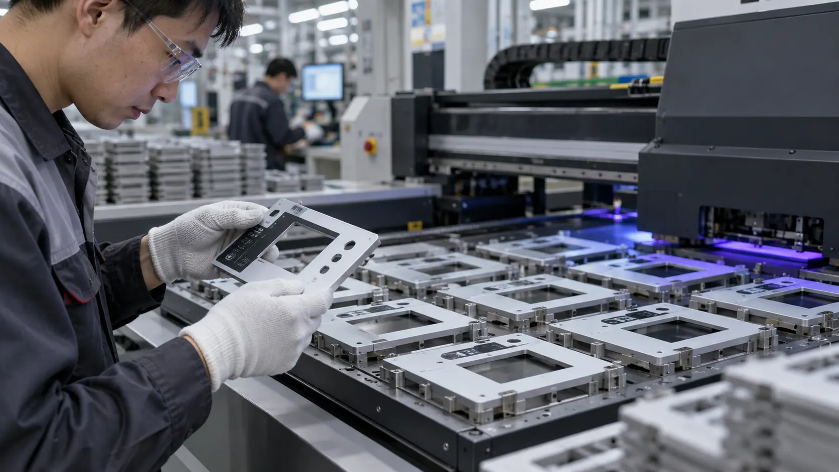 Asian factory technician reviewing flat electronic housings with LED light pipes, indicator windows and display apertures in a direct-to-object UV printing workflow