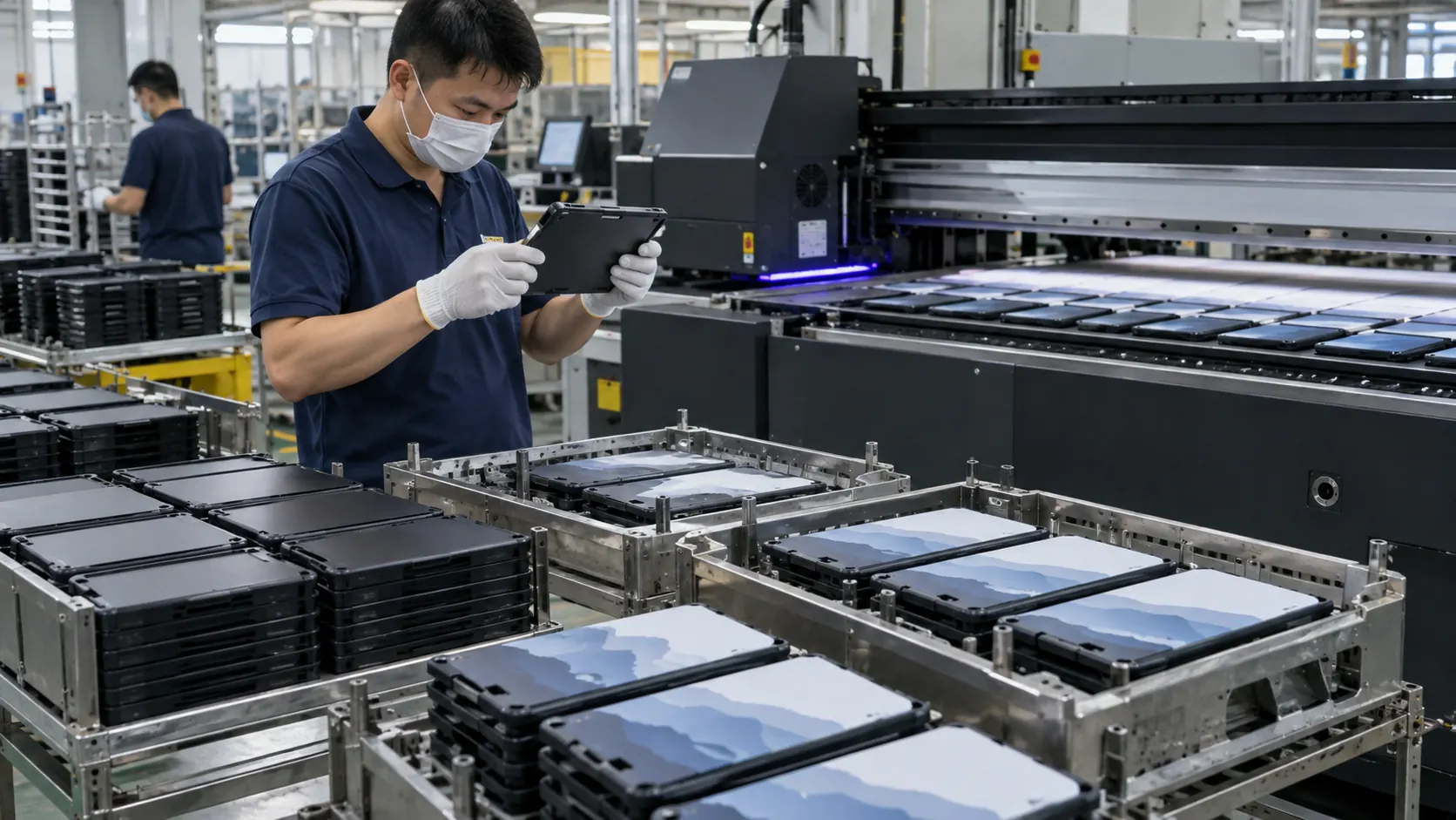 Asian factory technician reviewing flat private-label accessory cases, organiser lids, hard-shell kits and promotional product panels in a direct-to-object UV printing workflow