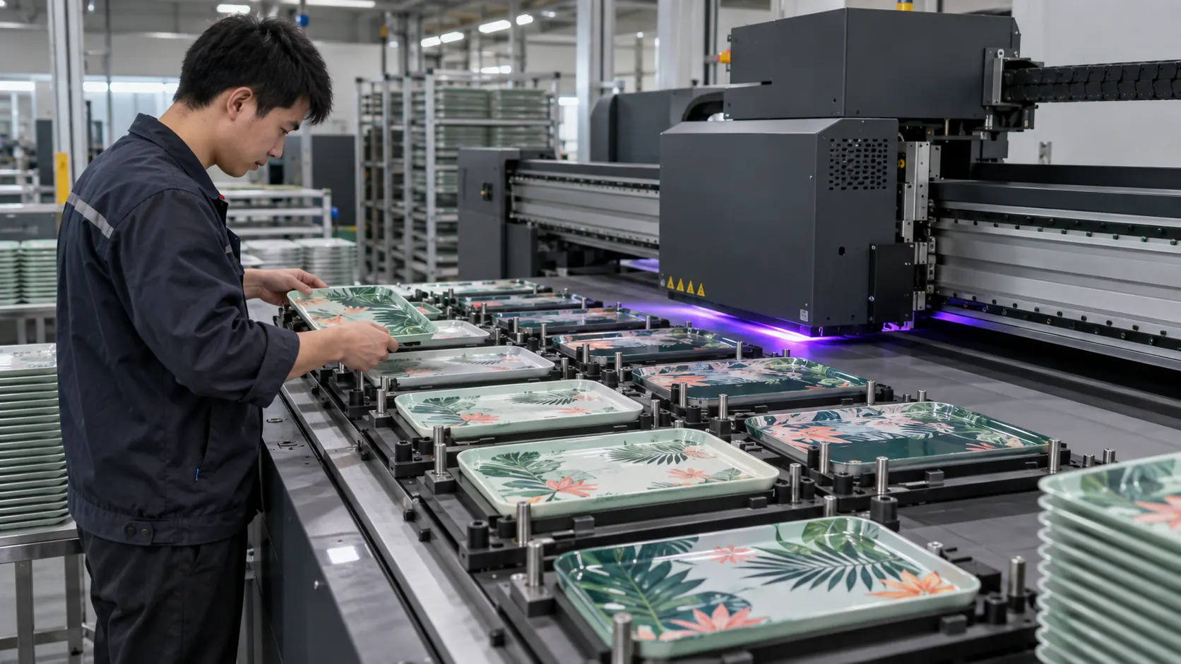 Asian factory technician reviewing flat reusable retail trays, point-of-sale organisers and rigid plastic merchandising panels in a direct-to-object UV printing workflow