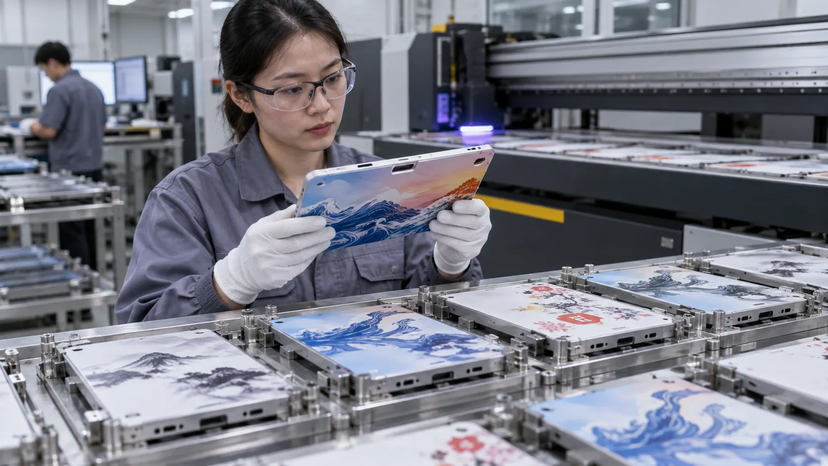 Asian factory technician reviewing flat device housings, appliance panels and equipment faceplates with multilingual graphics in a direct-to-object UV printing workflow