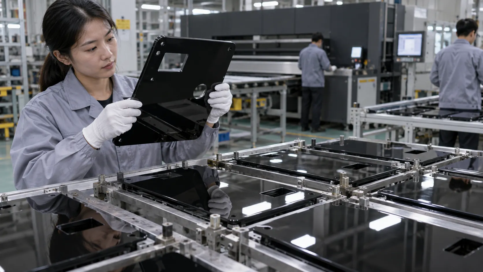 Asian factory technician reviewing flat high-gloss black appliance panels, electronics faceplates and premium accessory covers in a direct-to-object UV printing workflow