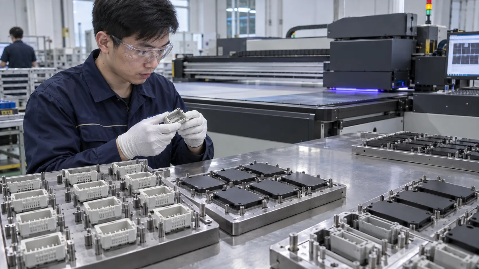 Asian factory technician reviewing flat PBT electrical connector housings and industrial interface covers in a direct-to-object UV printing workflow