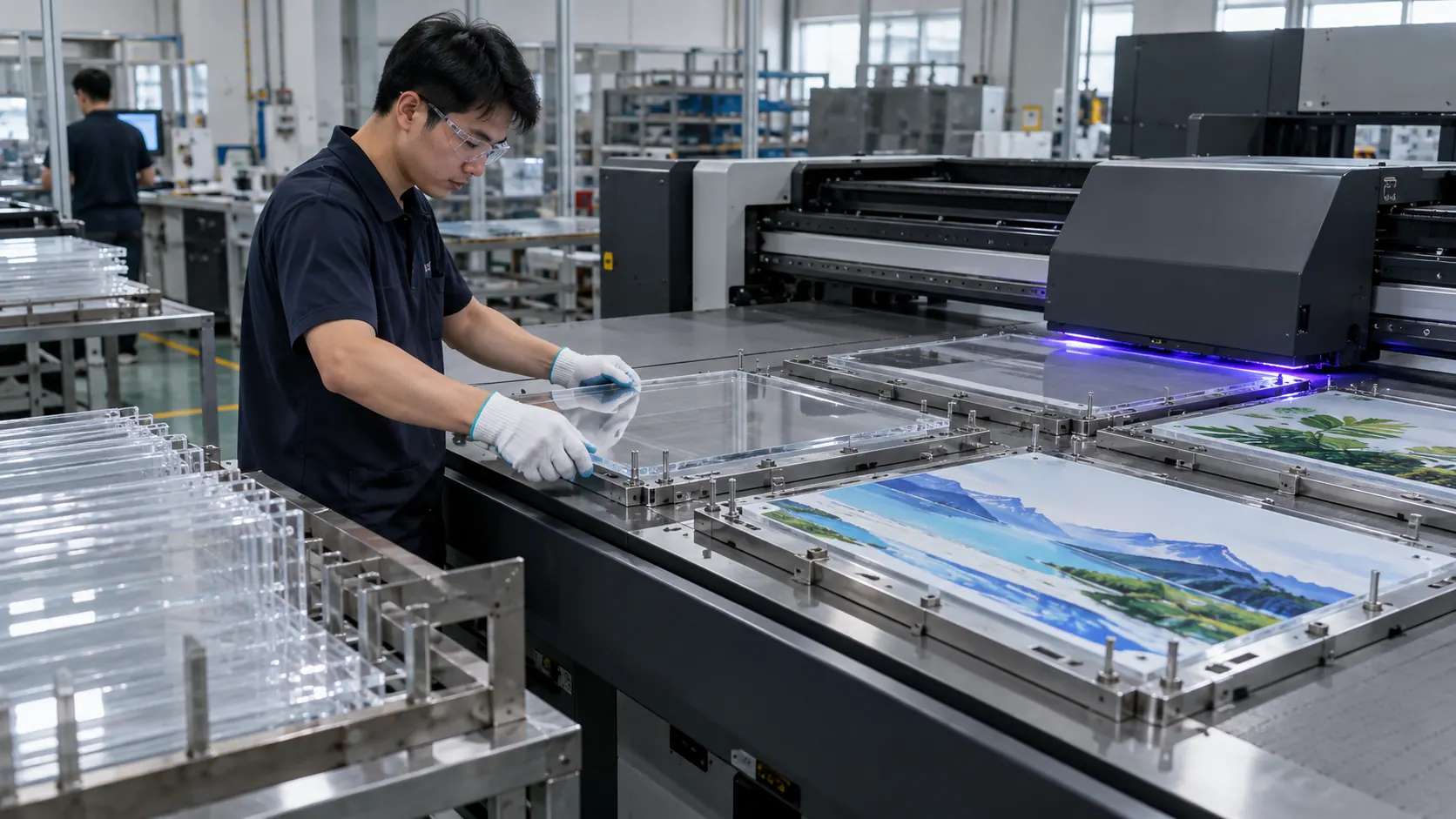 Asian factory technician reviewing flat PETG retail display panels, product stands, sign faces and organiser boards in a direct-to-object UV printing workflow