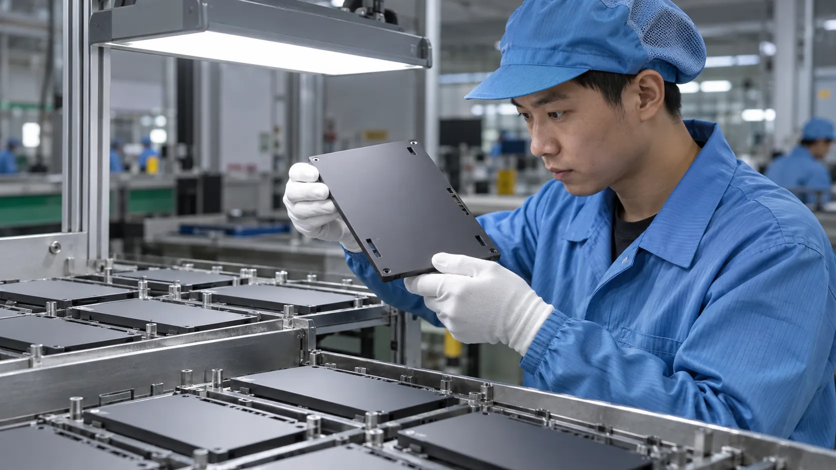 Asian factory technician reviewing flat soft-touch-coated equipment housings, accessory cases and control-panel covers in a direct-to-object UV printing workflow