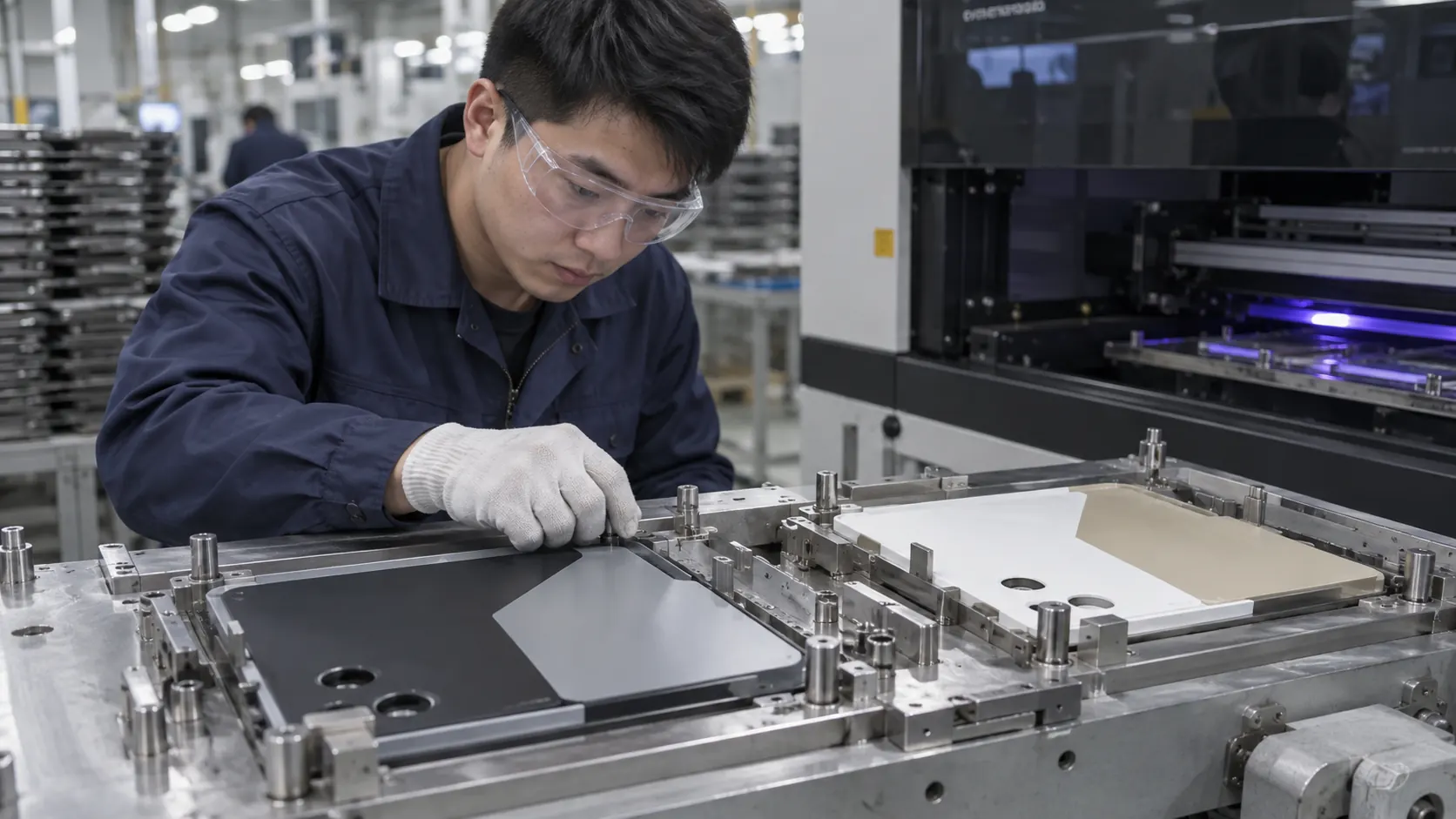 Asian factory technician reviewing flat two-shot moulded device panels, button surrounds and plastic housings in a direct-to-object UV printing workflow
