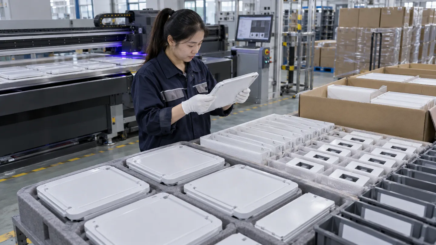 Asian quality technician comparing flat UV-printed plastic components with an approved first-off sample