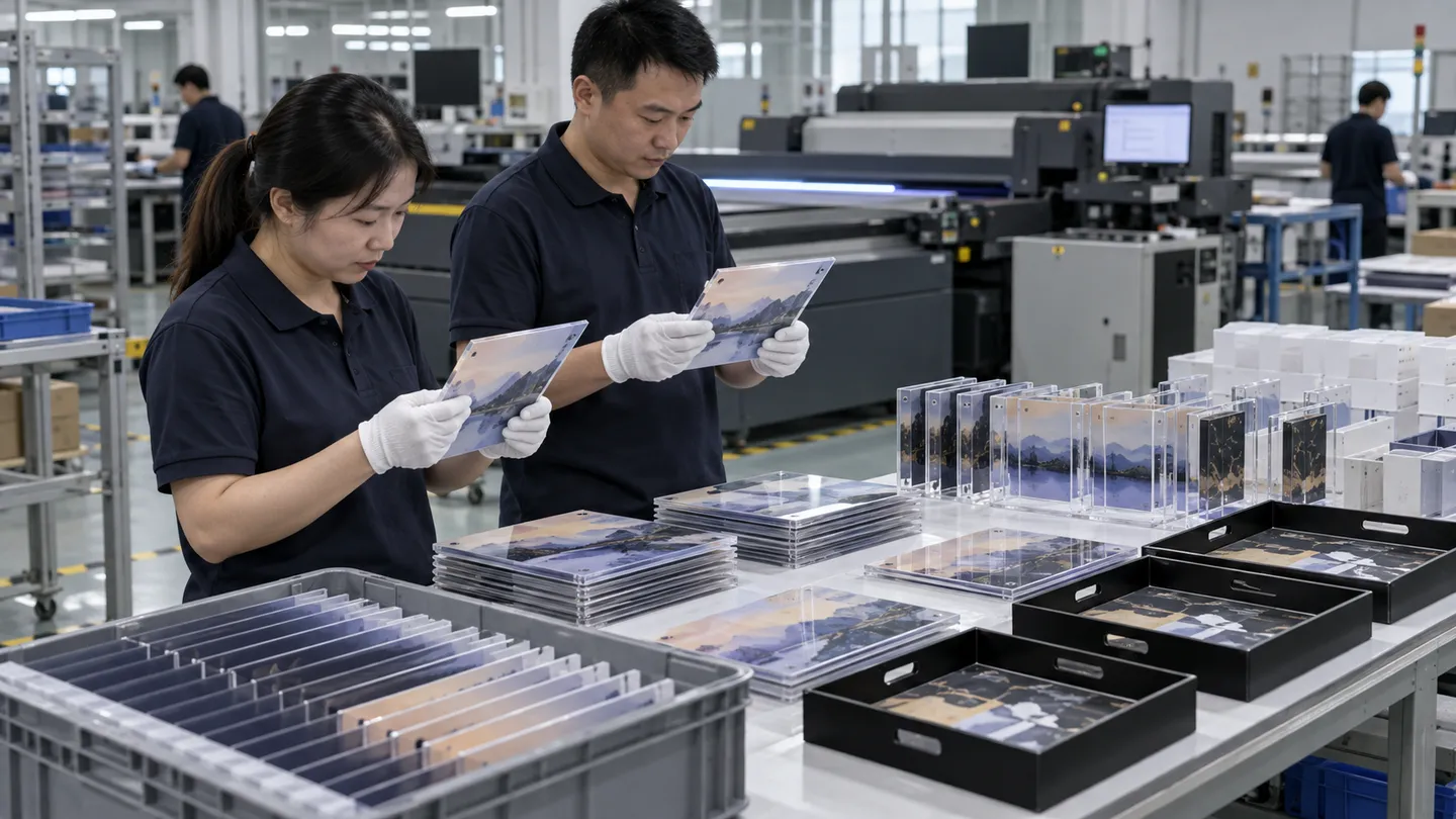 Asian quality technician comparing flat UV-printed plastic components with an approved first-off sample