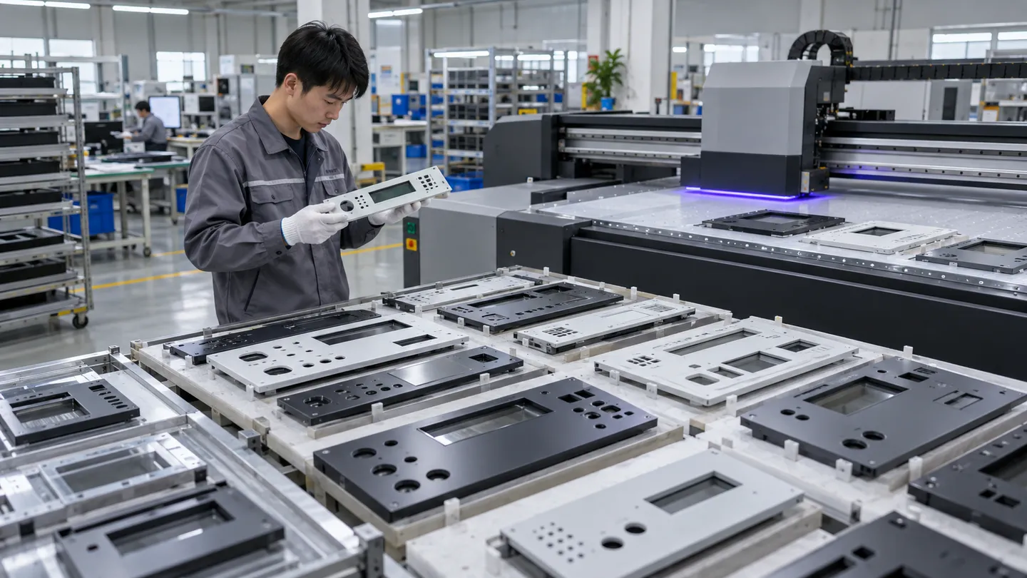 Asian quality technician comparing flat UV-printed plastic components with an approved first-off sample