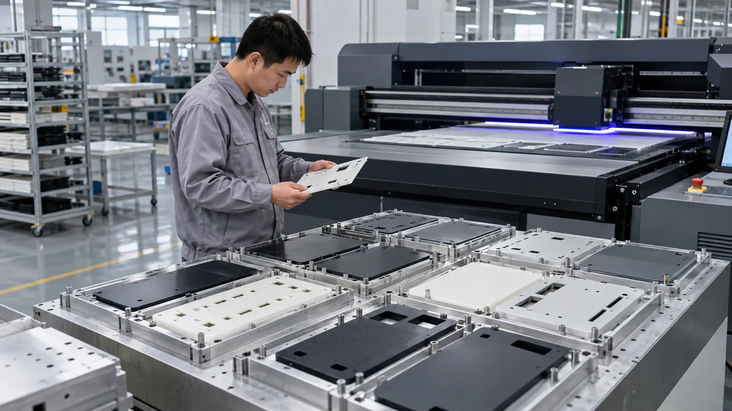 Asian factory technician reviewing batches of flat TPU-overmoulded device housings and protective accessory panels during a direct-to-object UV printing workflow