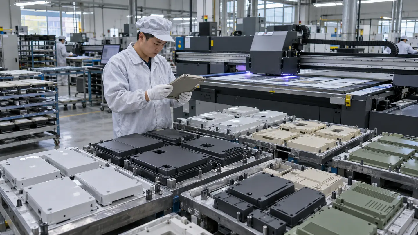 Asian quality technician comparing flat UV-printed plastic components with an approved first-off sample