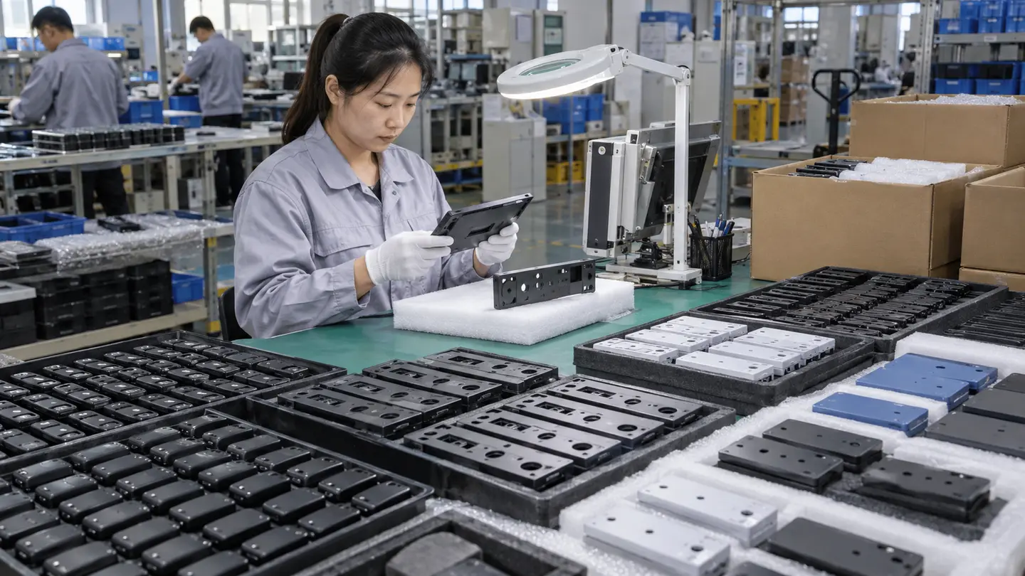 Asian quality technician comparing flat UV-printed plastic components with an approved first-off sample