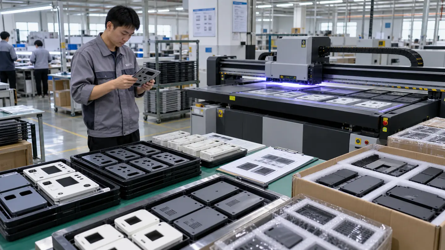 Asian quality technician comparing flat UV-printed plastic components with an approved first-off sample