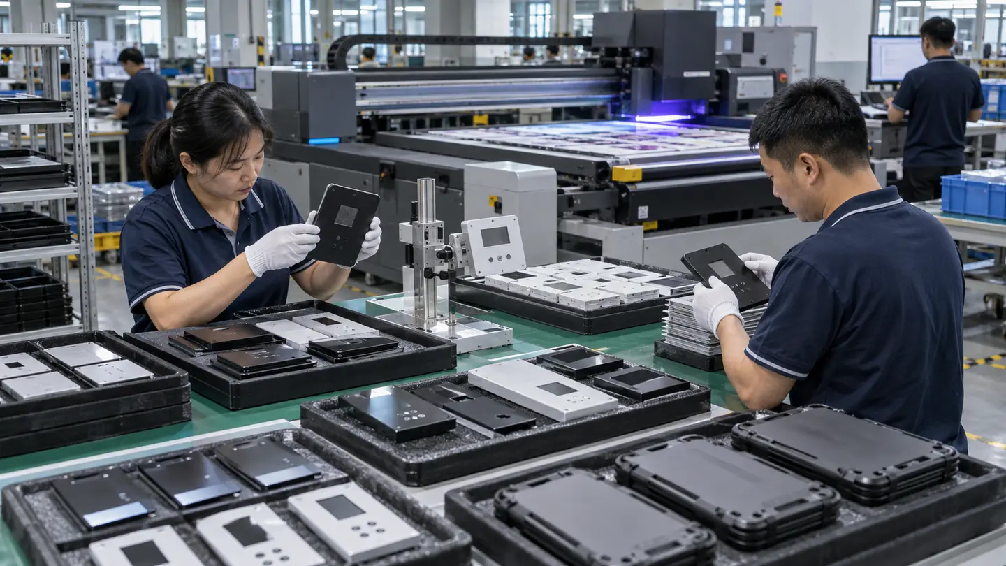 Asian quality technician comparing flat UV-printed plastic components with an approved first-off sample