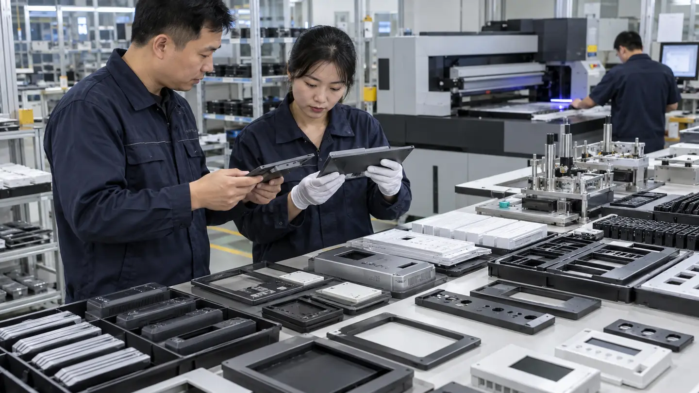 Asian factory technician reviewing batches of flat digital-signage plastic bezels, display surrounds and information-panel covers during a direct-to-object UV printing workflow