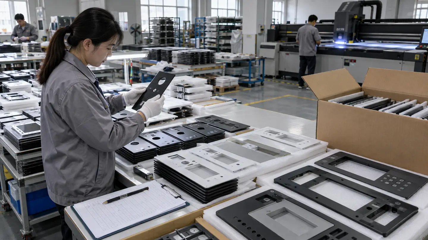 Asian quality technician comparing flat UV-printed plastic components with an approved first-off sample