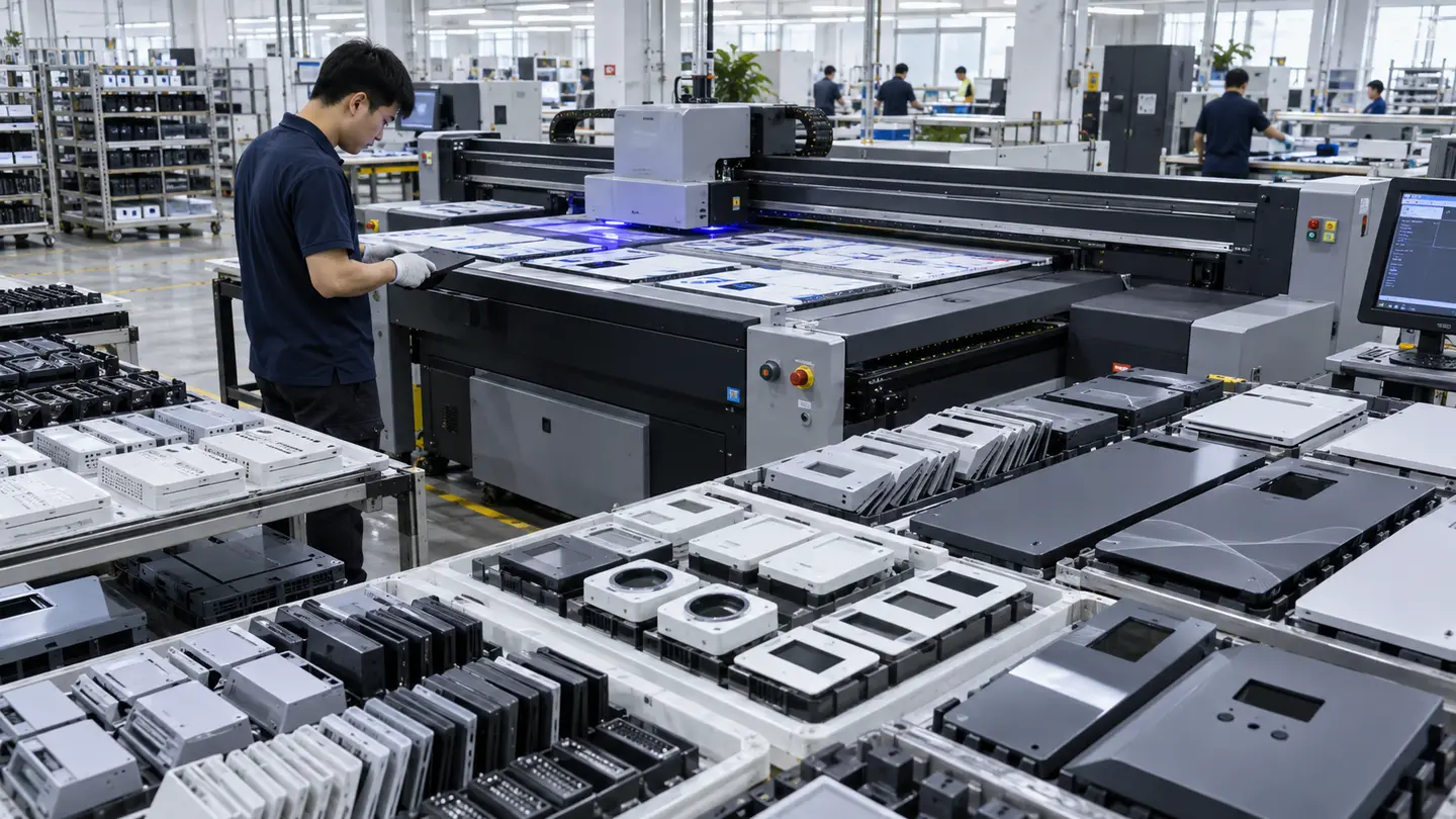 Asian factory technician reviewing batches of flat solar-inverter front panels, energy-equipment covers and electrical interface housings during a direct-to-object UV printing workflow