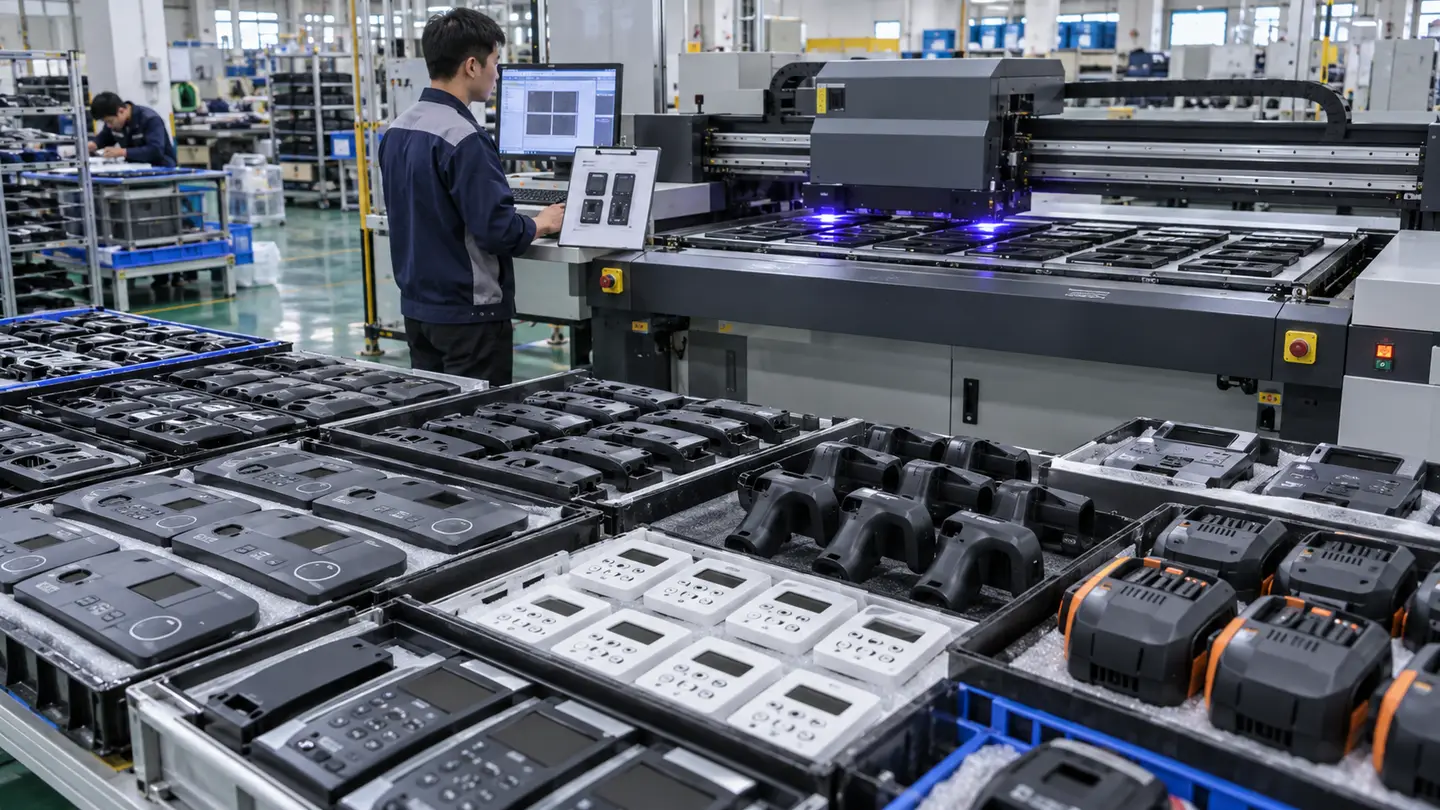 Asian factory technician reviewing batches of flat warehouse barcode-scanner housings, device covers and inventory-equipment panels during a direct-to-object UV printing workflow
