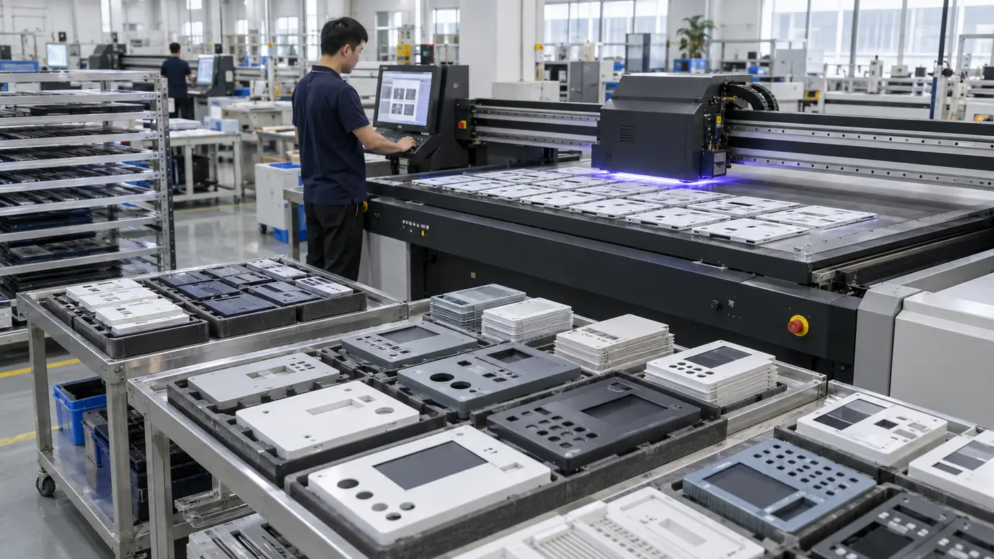 Asian factory technician reviewing batches of flat industrial-Ethernet switch bezels, network-equipment interfaces and rack-facing plastic panels during a direct-to-object UV printing workflow