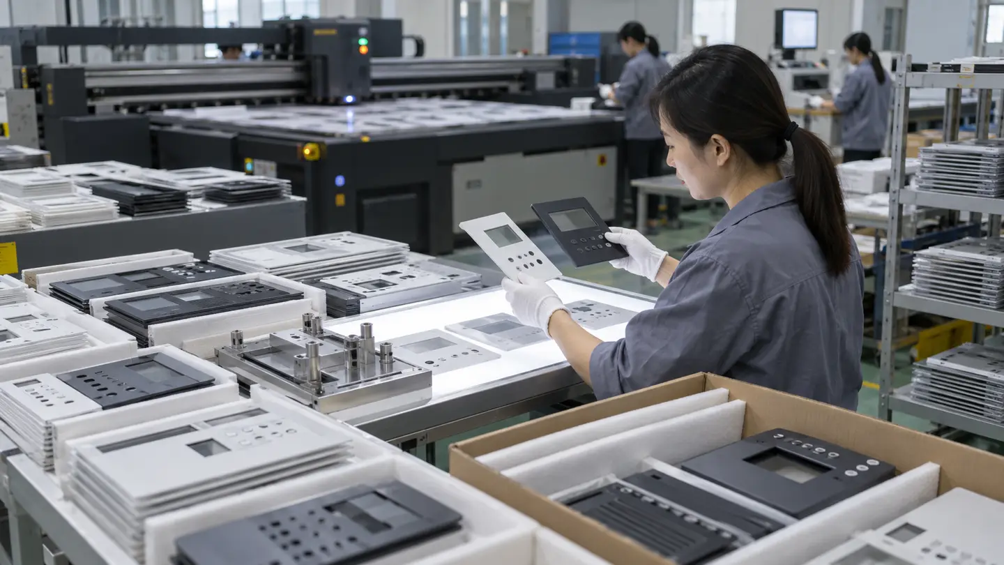 Asian quality technician comparing flat UV-printed plastic components with an approved first-off sample