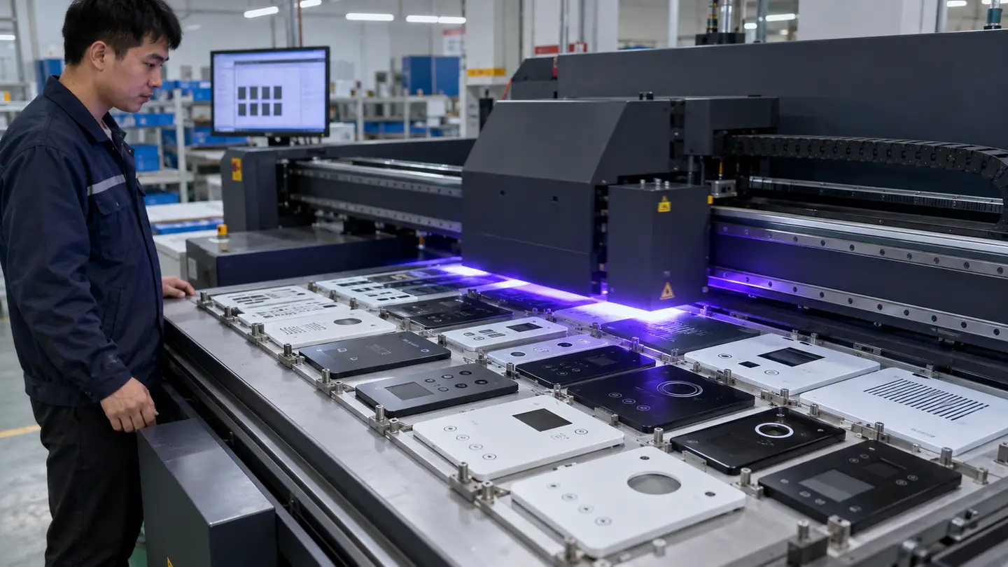 Asian quality technician comparing flat UV-printed plastic components with an approved first-off sample