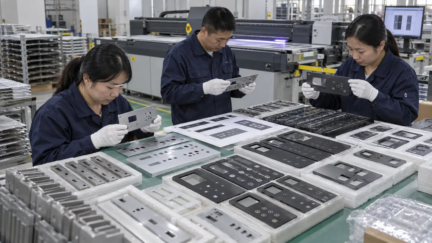 Asian quality technician comparing flat UV-printed plastic components with an approved first-off sample