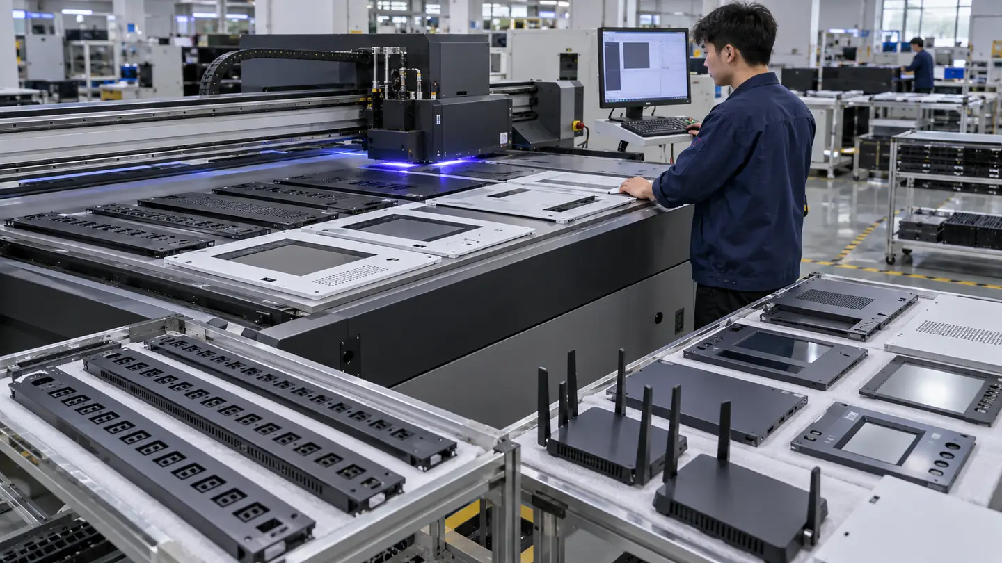 Asian factory technician reviewing batches of flat energy-storage system service panels, equipment covers and maintenance-interface housings during a direct-to-object UV printing workflow