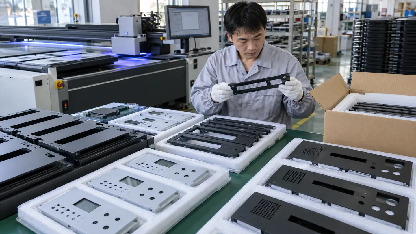 Asian factory technician reviewing batches of flat public-address system front panels, audio-equipment covers and control-interface housings during a direct-to-object UV printing workflow