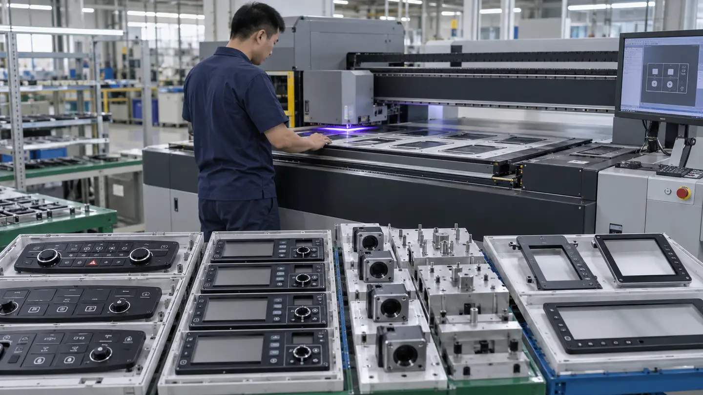 Asian factory technician reviewing batches of flat industrial-tablet front bezels, field-device interfaces and rugged equipment covers during a direct-to-object UV printing workflow