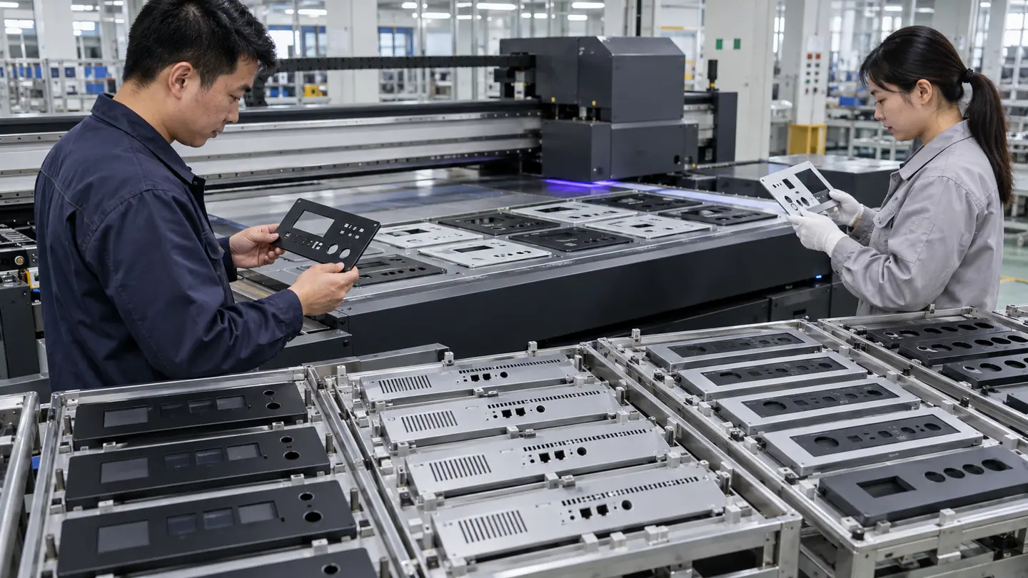 Asian factory technician reviewing batches of flat CCTV DVR front panels and surveillance-equipment covers during a direct-to-object UV printing workflow