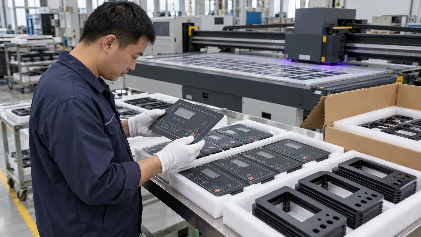 Asian quality technician comparing flat UV-printed plastic components with an approved first-off sample
