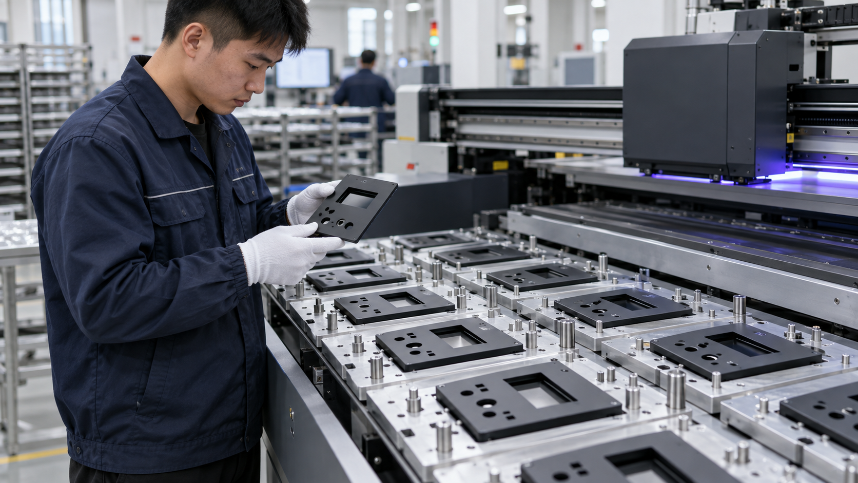 Asian factory technician reviewing batches of flat cable-tester front panels, measurement-device bezels and electronics equipment covers during a direct-to-object UV printing workflow