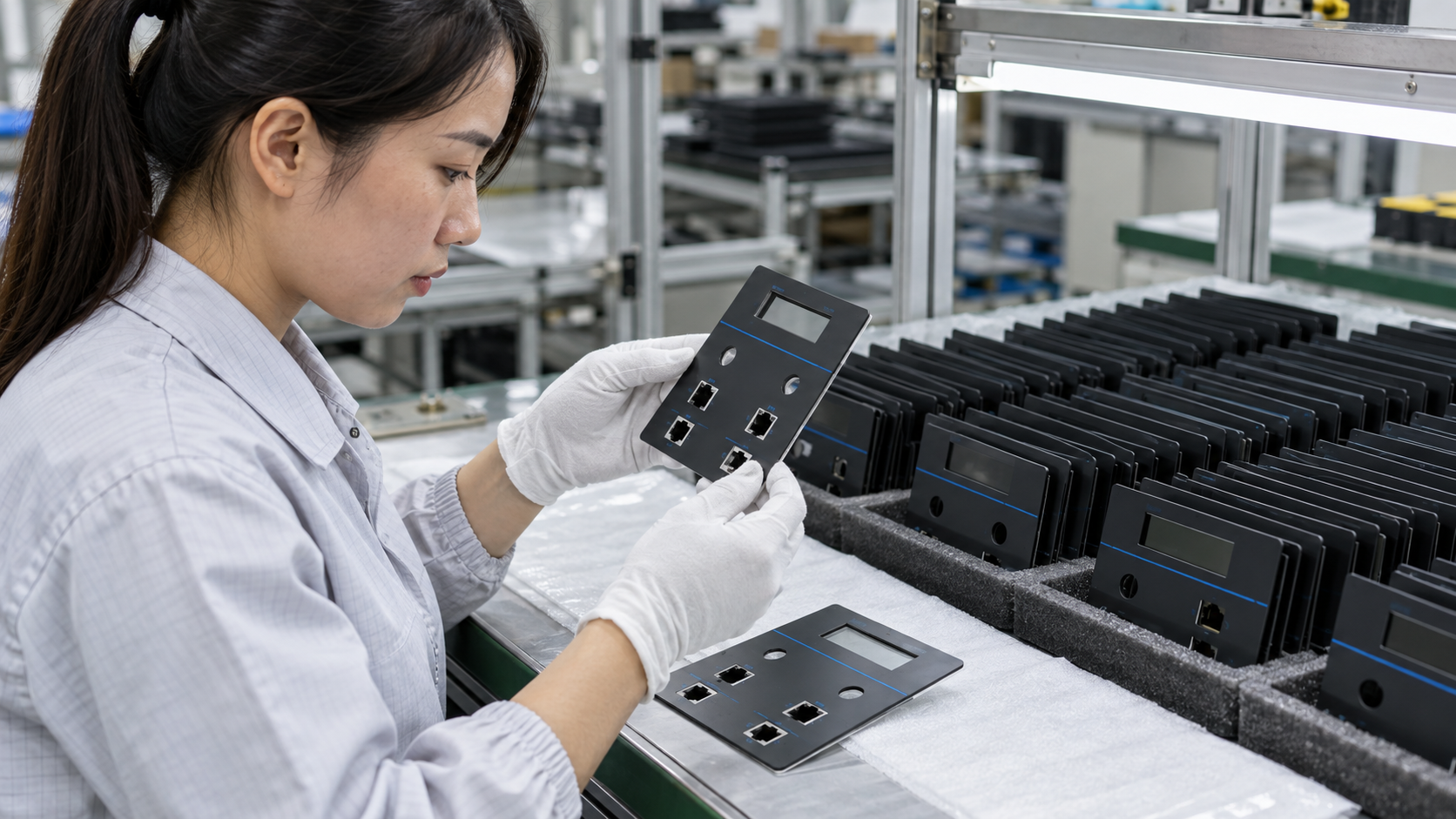 Asian quality technician comparing flat UV-printed plastic components with an approved first-off sample