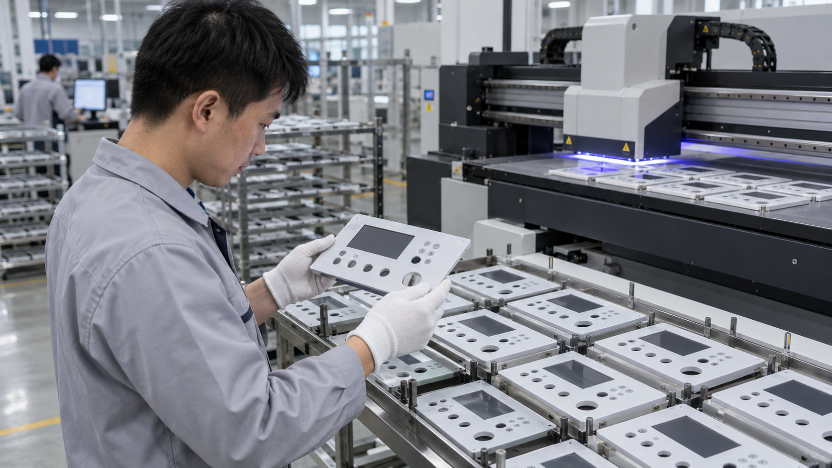 Asian factory technician reviewing batches of flat dental-equipment control panels, treatment-unit fascias and device interface covers during a direct-to-object UV printing workflow