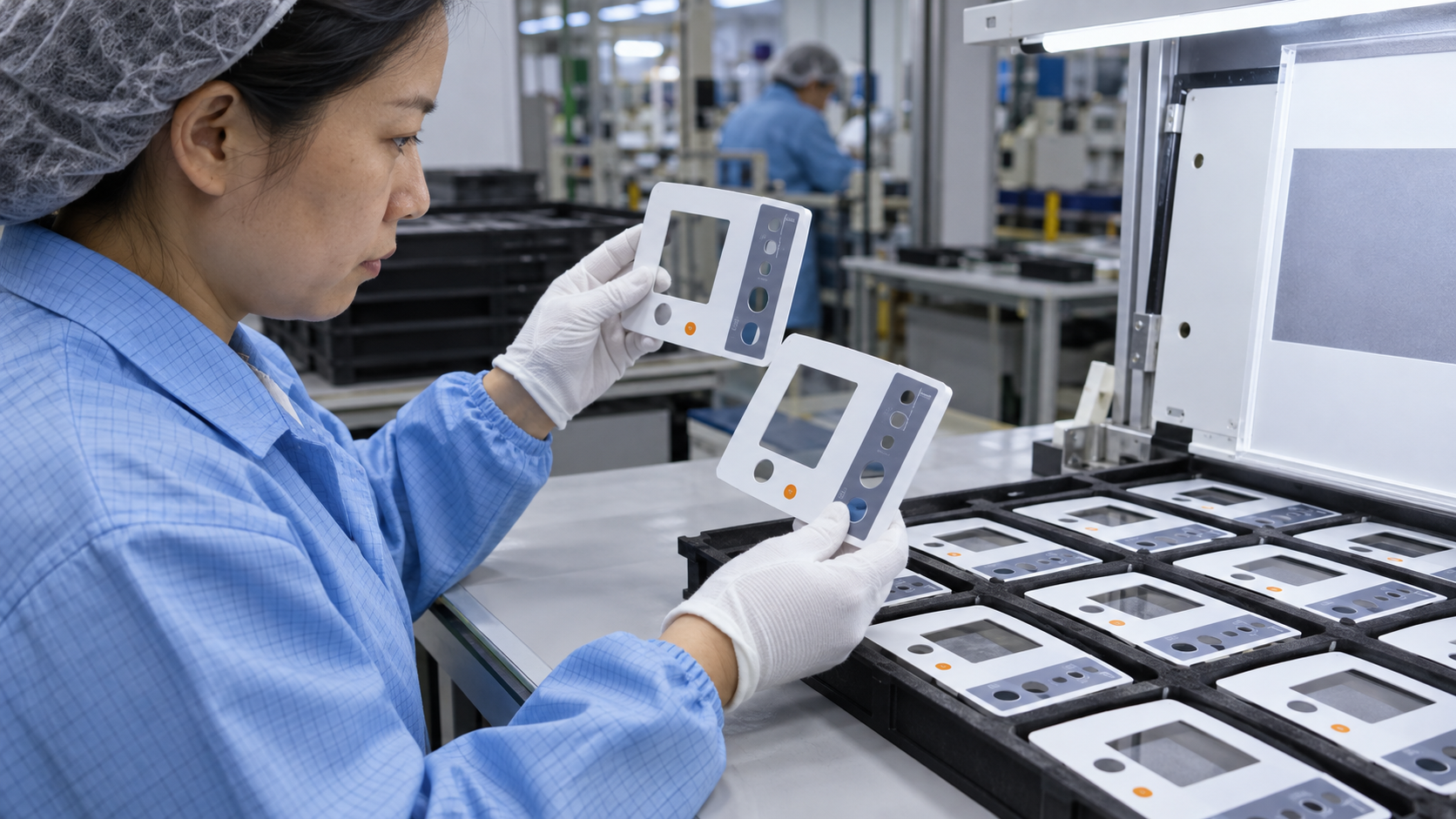 Asian quality technician comparing flat UV-printed plastic components with an approved first-off sample