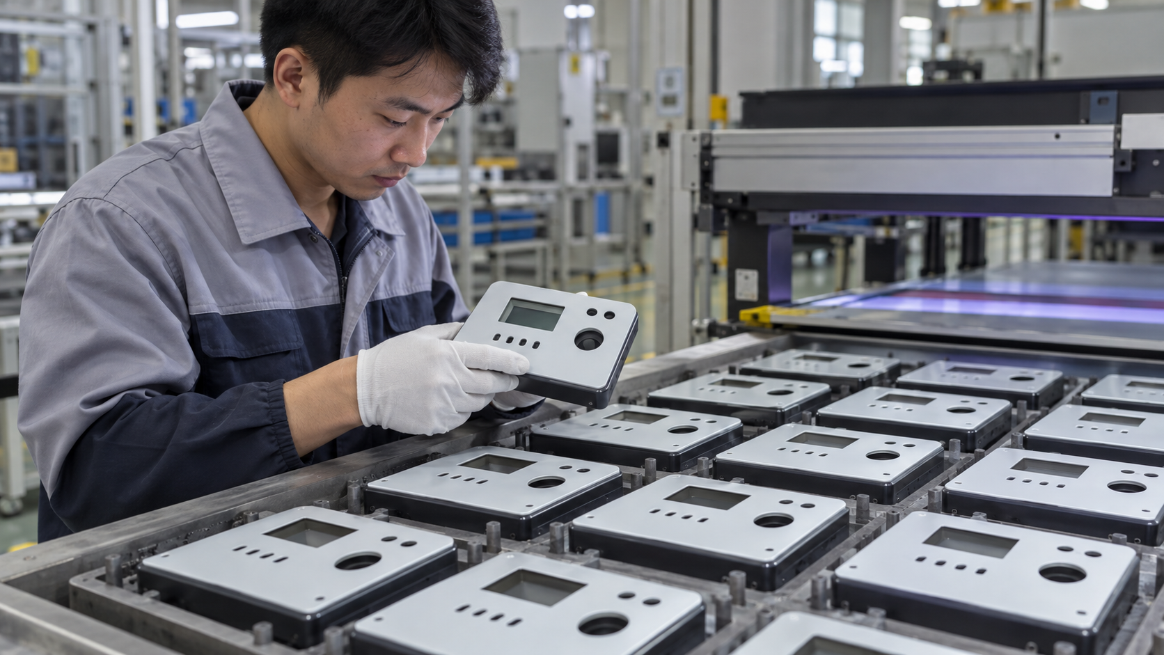 Asian factory technician reviewing batches of flat industrial gas-detector control panels, monitoring-device fascias and equipment interface covers during a direct-to-object UV printing workflow