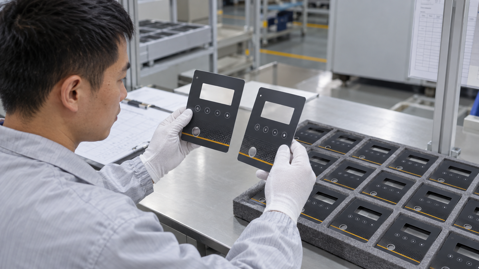 Asian quality technician comparing flat UV-printed plastic components with an approved first-off sample