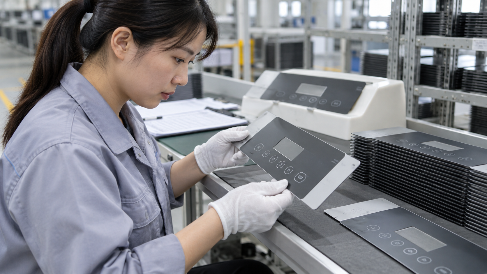 Asian quality technician comparing flat UV-printed plastic components with an approved first-off sample