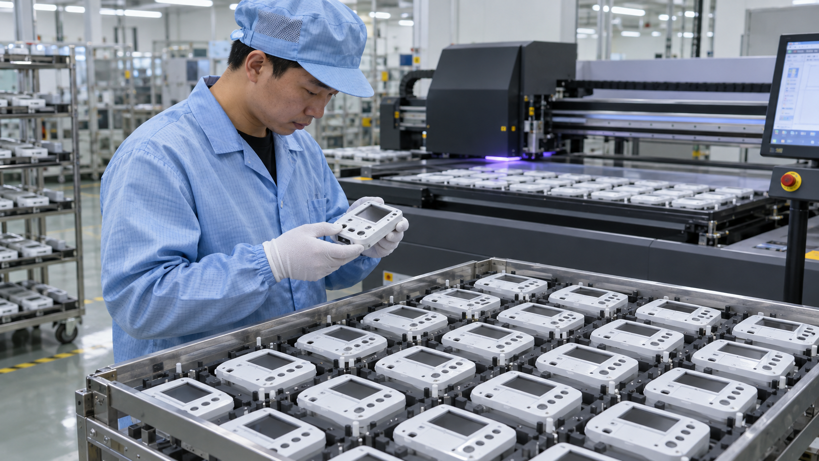 Asian factory technician reviewing batches of flat infusion-pump front panels, medical-equipment bezels and device interface covers during a direct-to-object UV printing workflow