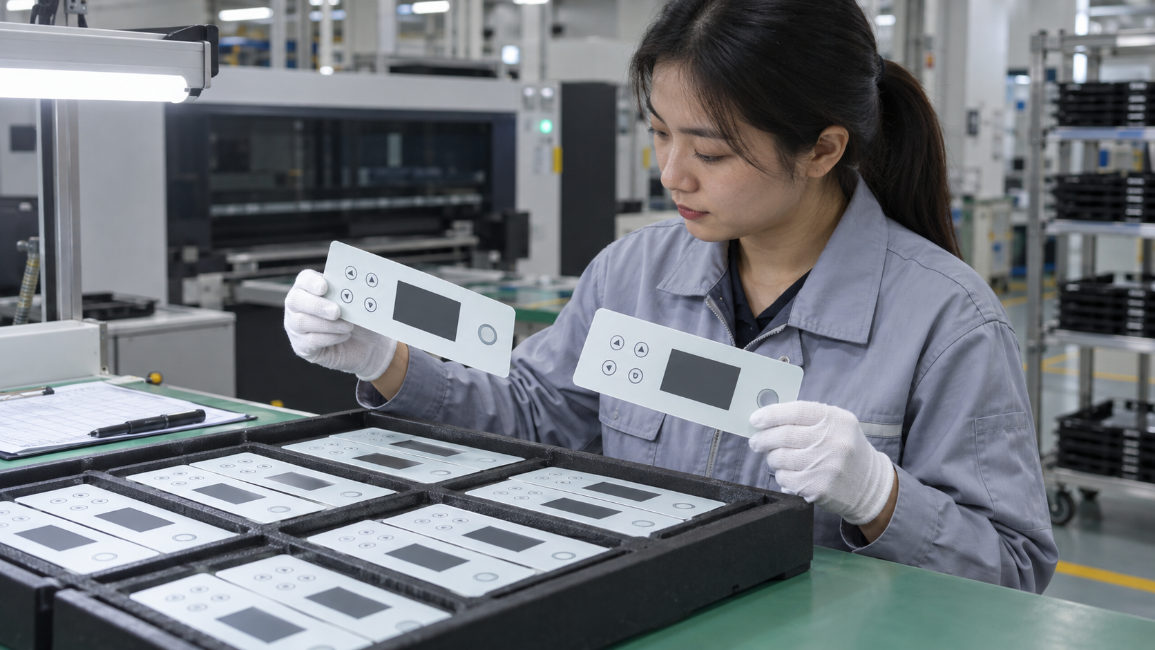 Asian quality technician comparing flat UV-printed plastic components with an approved first-off sample