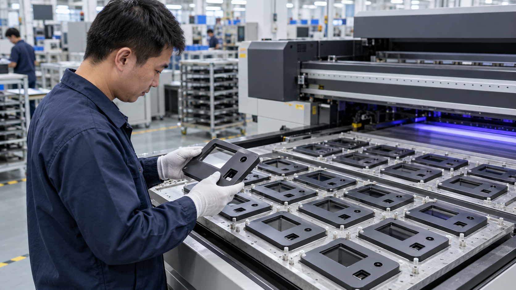 Asian factory technician reviewing batches of flat time-attendance terminal faceplates, access-interface covers and biometric-device housings during a direct-to-object UV printing workflow