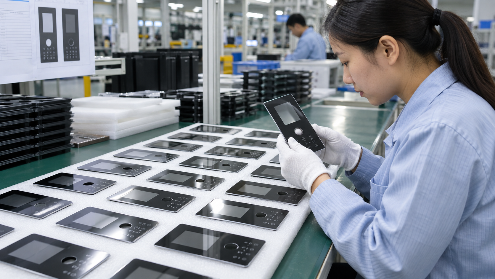 Asian quality technician comparing flat UV-printed plastic components with an approved first-off sample