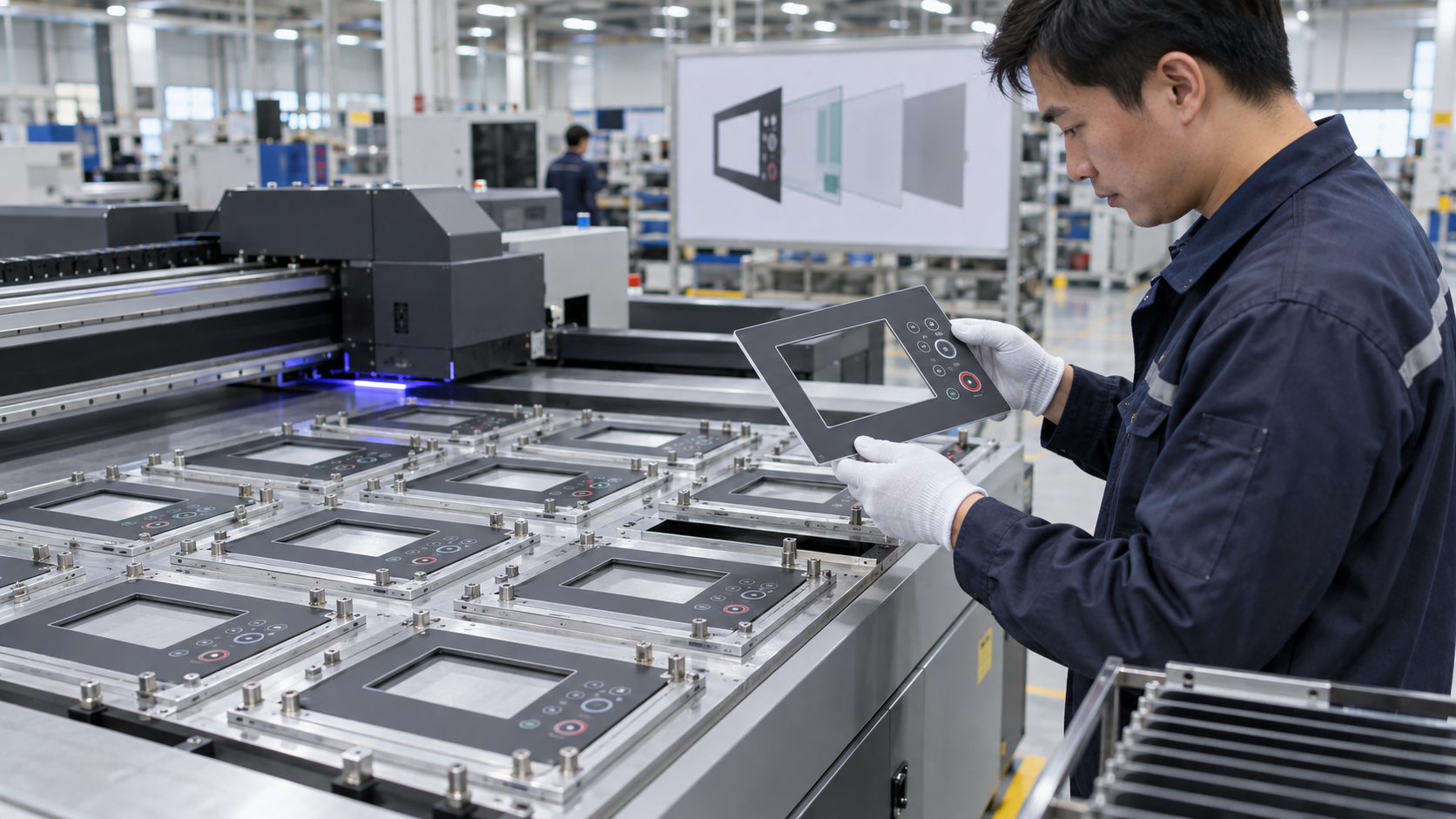Asian factory engineer reviewing flat UV printed control panels in precision jigs