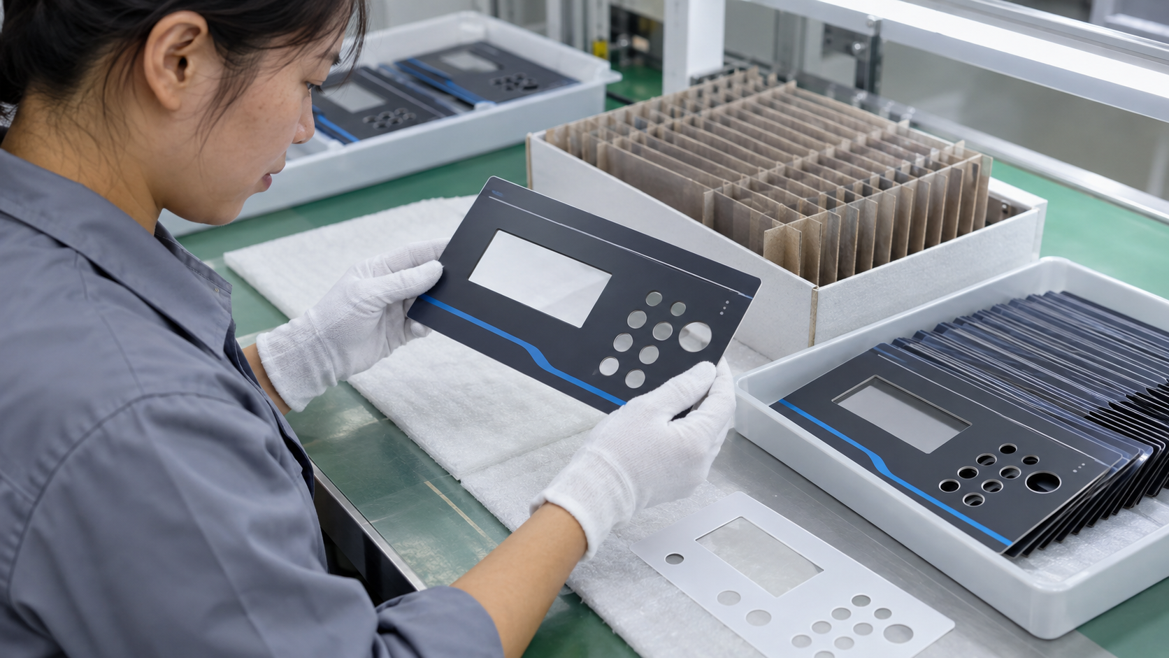 Asian quality inspector checking flat UV printed operator interface panels beside retained samples