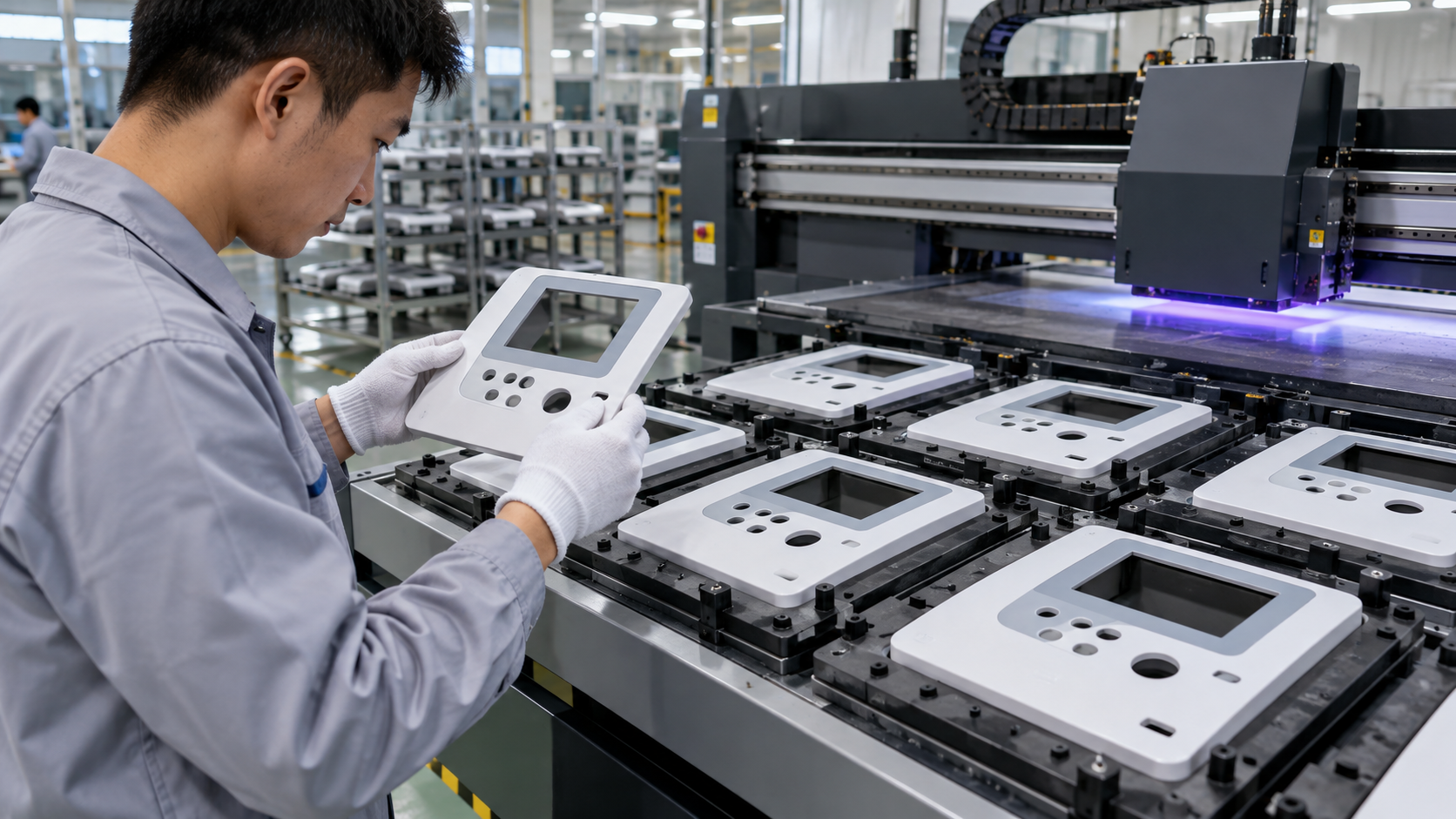 Asian factory technician reviewing batches of flat blood-analyzer front panels, laboratory-device bezels and equipment interface covers during a direct-to-object UV printing workflow